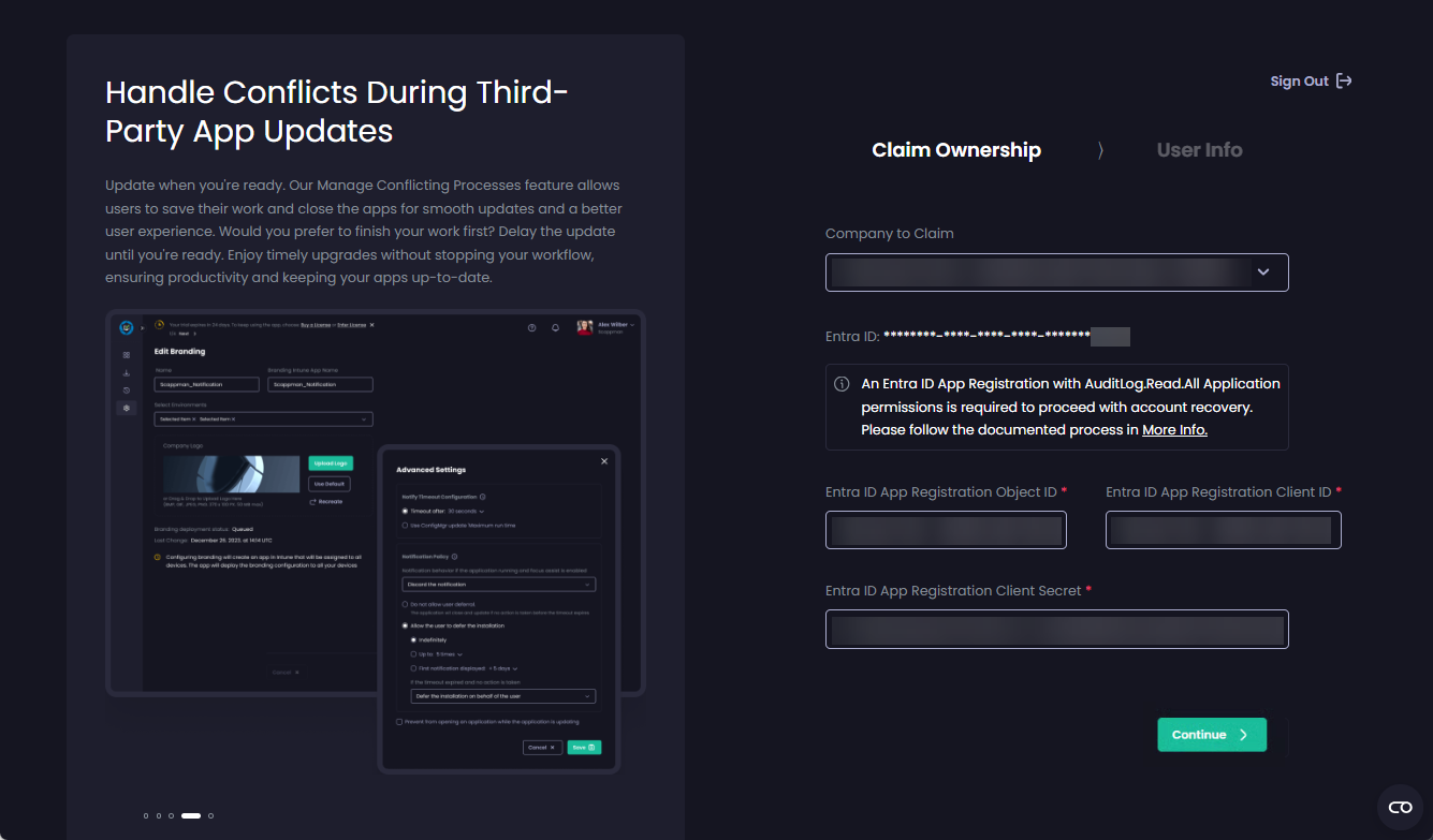 Entering values into the 'Claim Ownership' screen