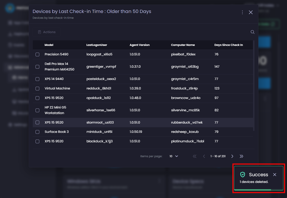 ‘Devices by Last Check-in Time’ screen redisplayed along with the ‘Success – devices deleted’ notification