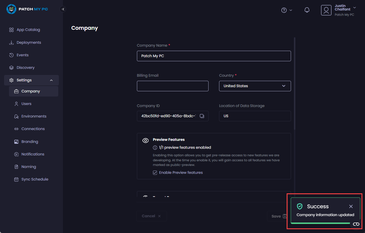 “Success - Company information updated” notification