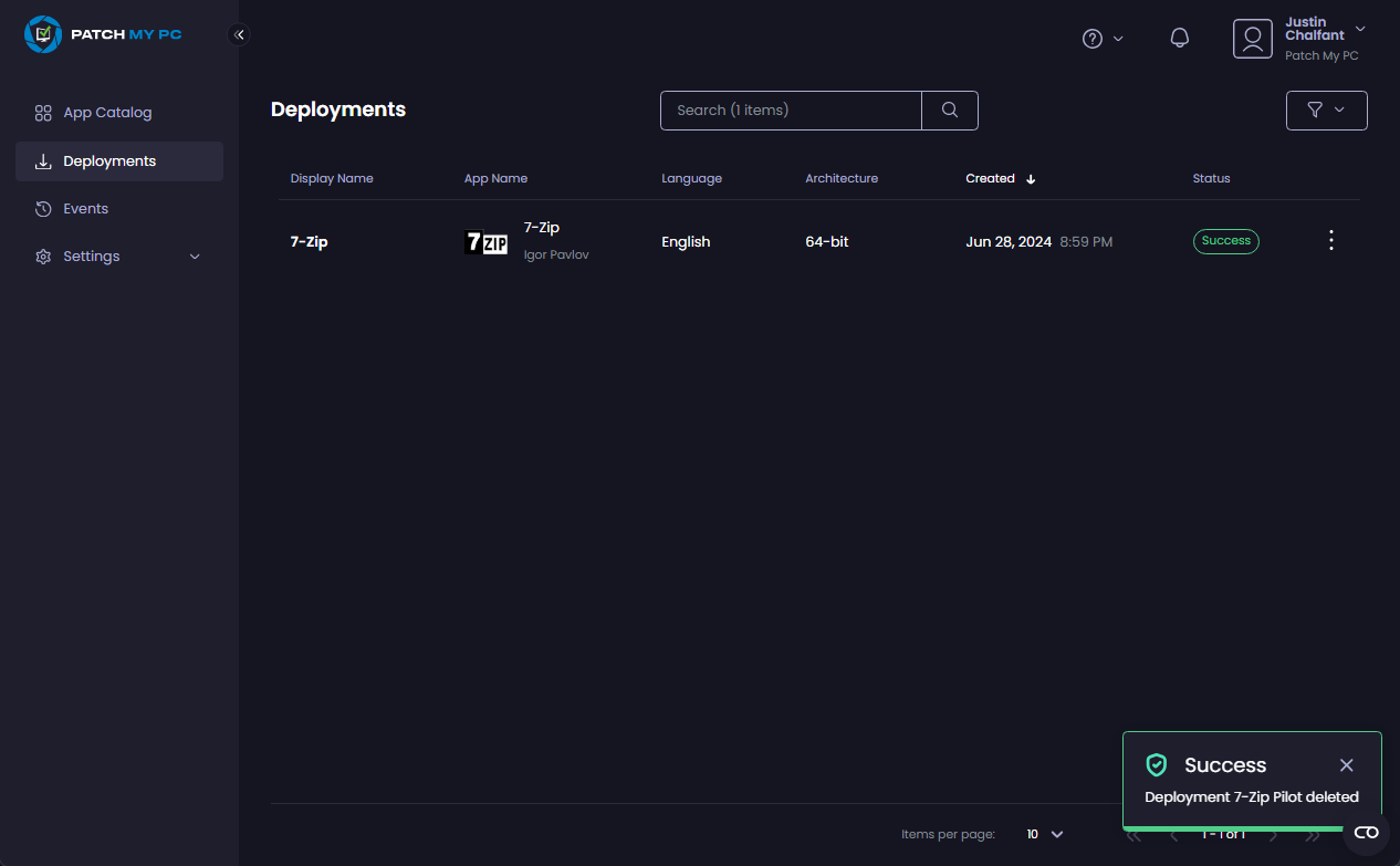 "Success - Deployment <deployment_name> deleted" notification 