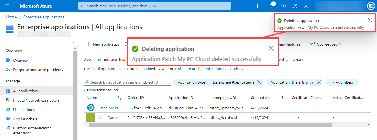 “Deleting application” message being displayed whilst the app is deleted.