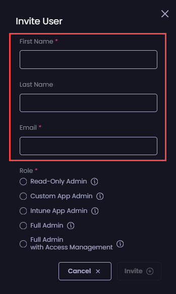 Complete the details of the user you are inviting
