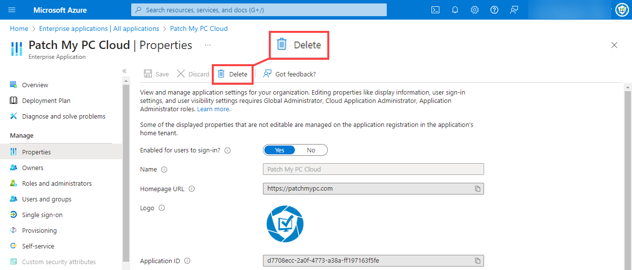 Clicking “Delete” on the “Properties” page of the Patch My PC Cloud app in the Azure Portal