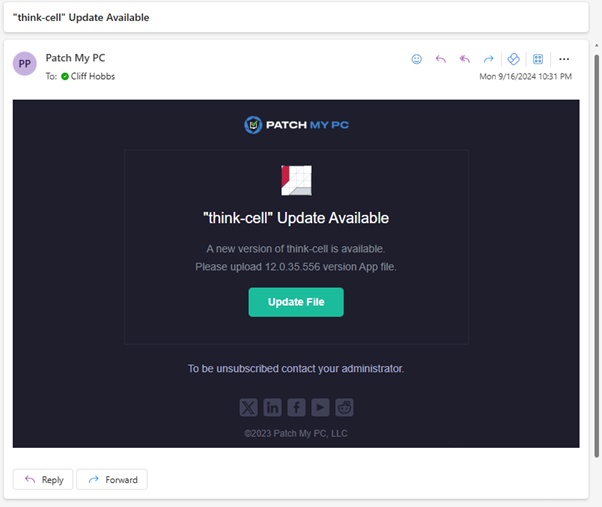 Example of the Email Notification when a Binary Free App needs an update