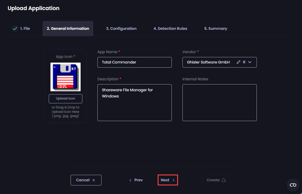 Clicking 'Next' to move to the 'Configuration' page