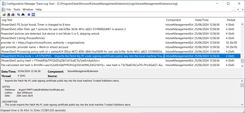 “IntuneManagementExtension.log” showing the script being processed by the Intune Management Extension