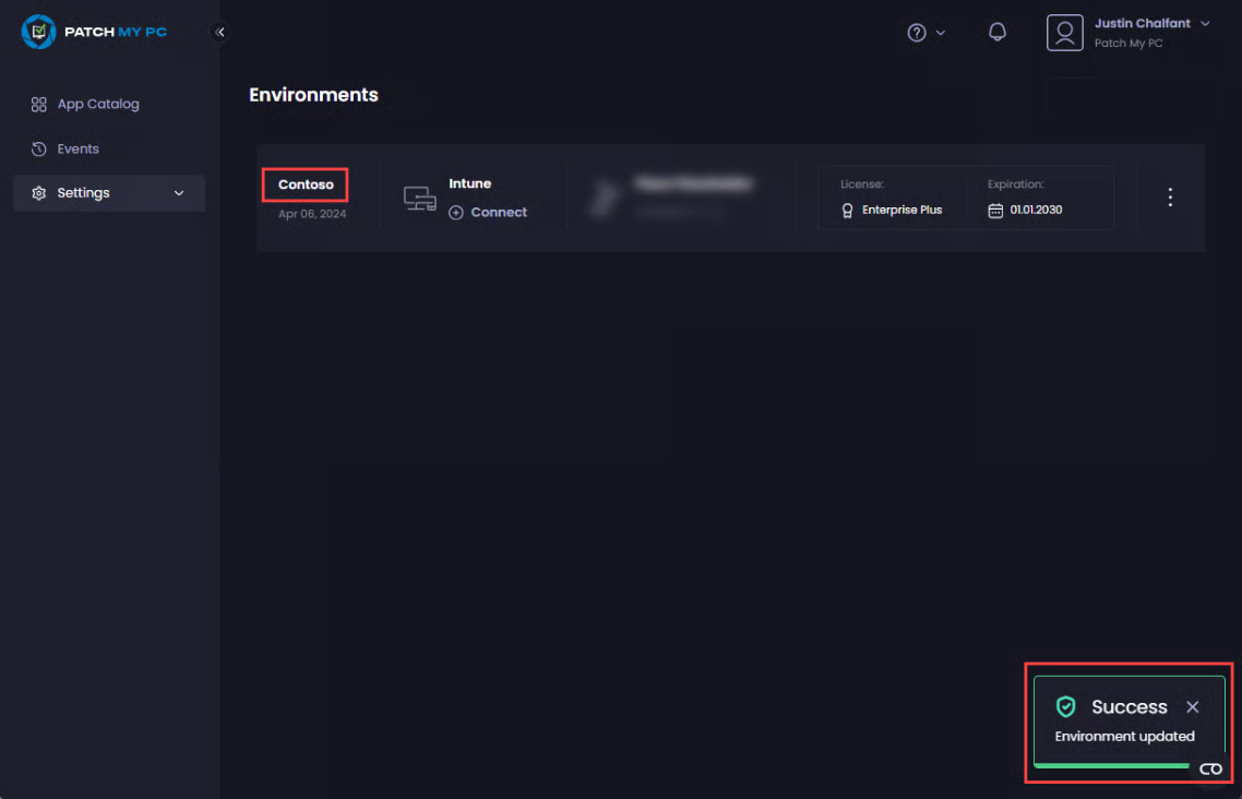 "Success - Environment updated" notification 