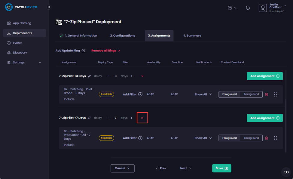Clicking the read “X” to delete a specific Update Ring 