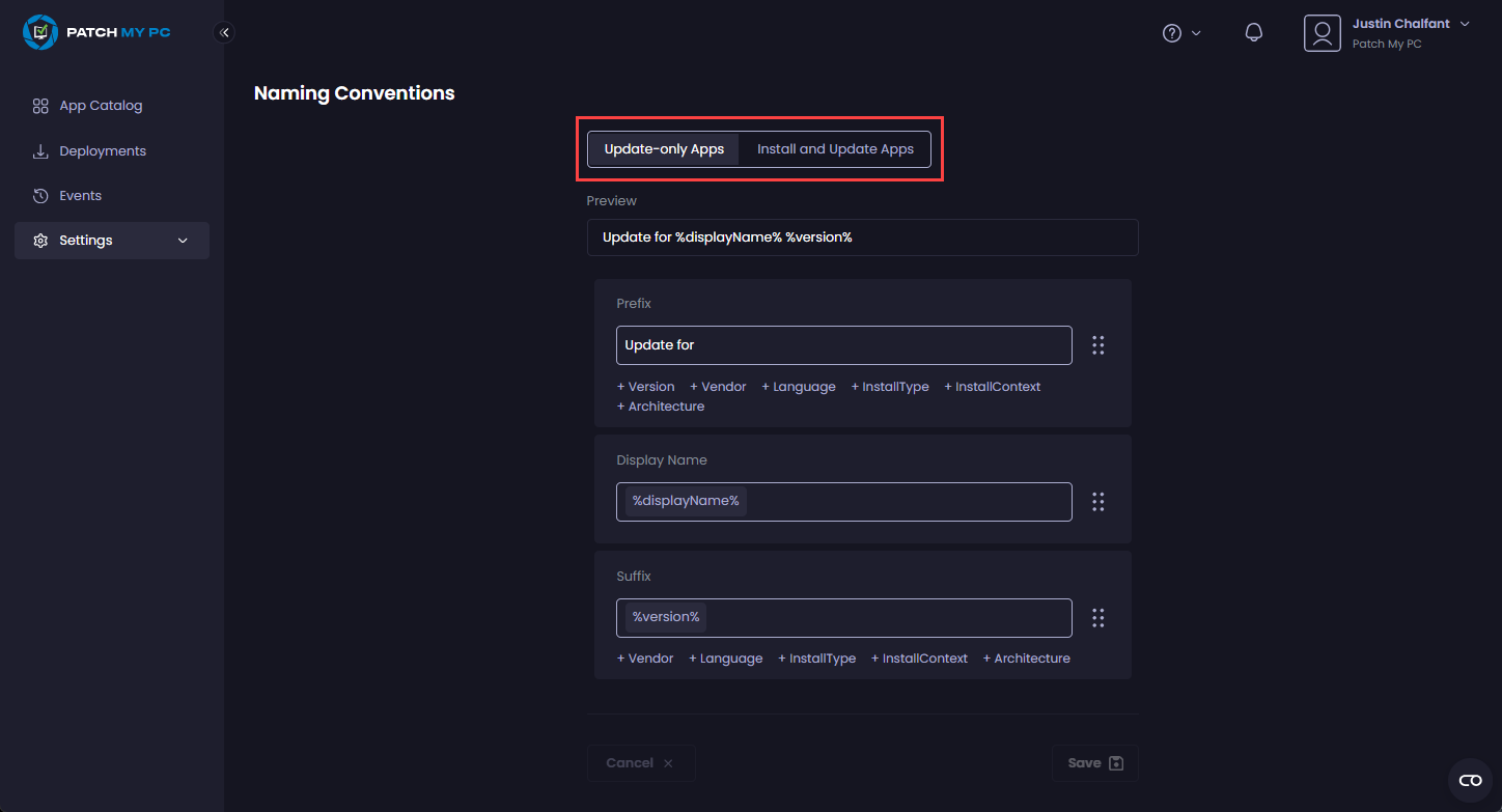 Clicking the relevant tab for the type of app to configure