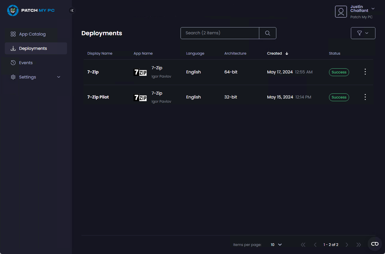 The “Deployments” page