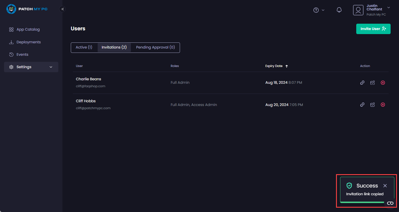 “Success - Invitation link copied” notification