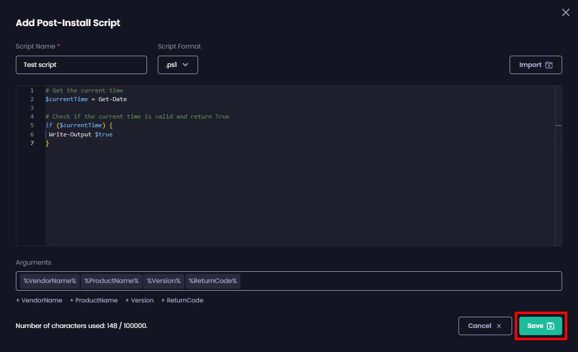 Clicking “Save” to save your script