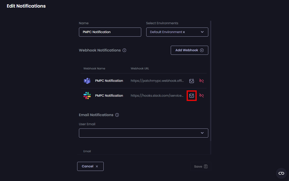 Clicking the small envelope beside the Webhook URL to send a test message.