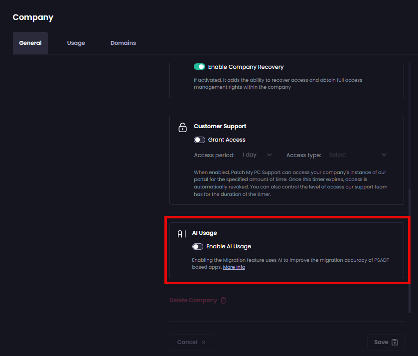 Scrolling down to the 'AI Usage' section