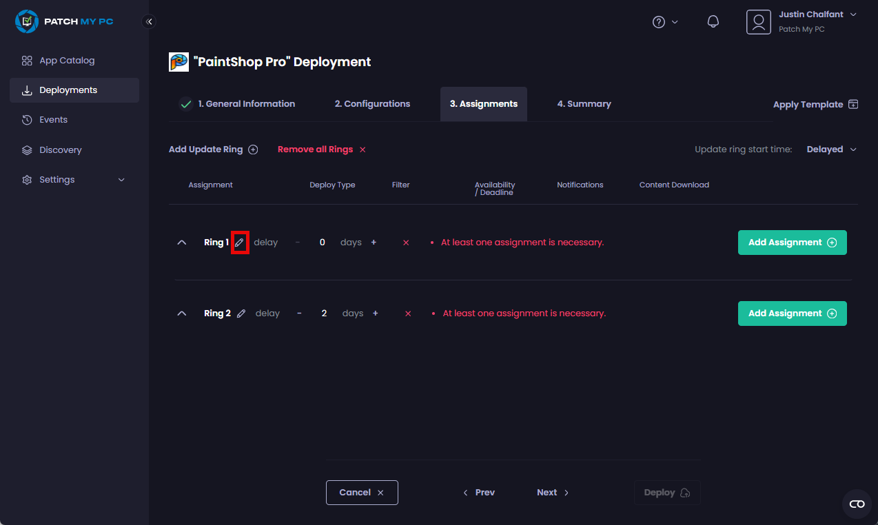 Clicking the pencil icon beside the relevant ring to rename