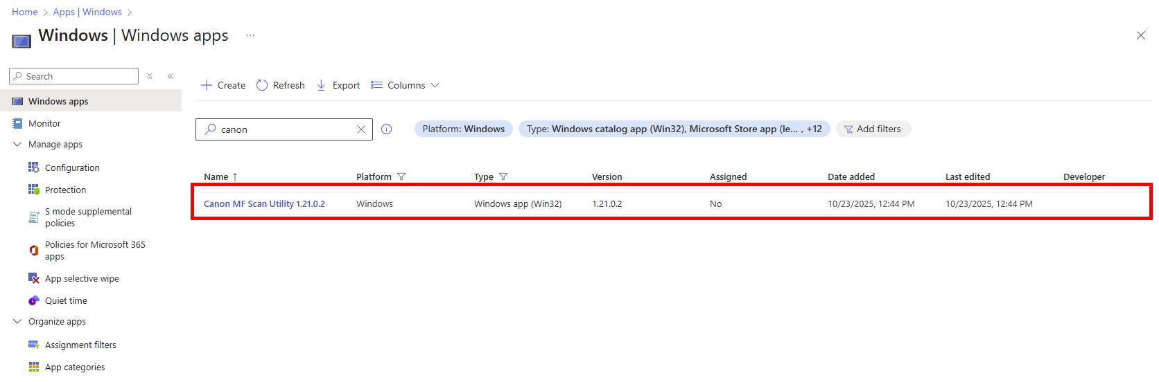 Migrated application as seen in the Intune admin center