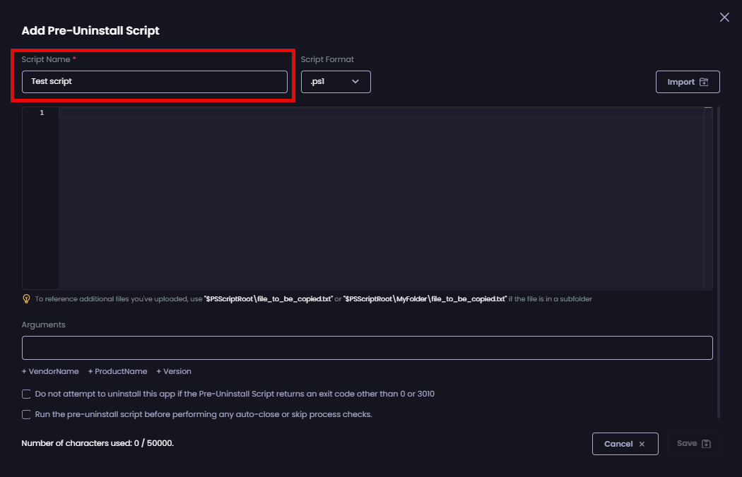 Entering a unique name for the script in the 'Script Name' field