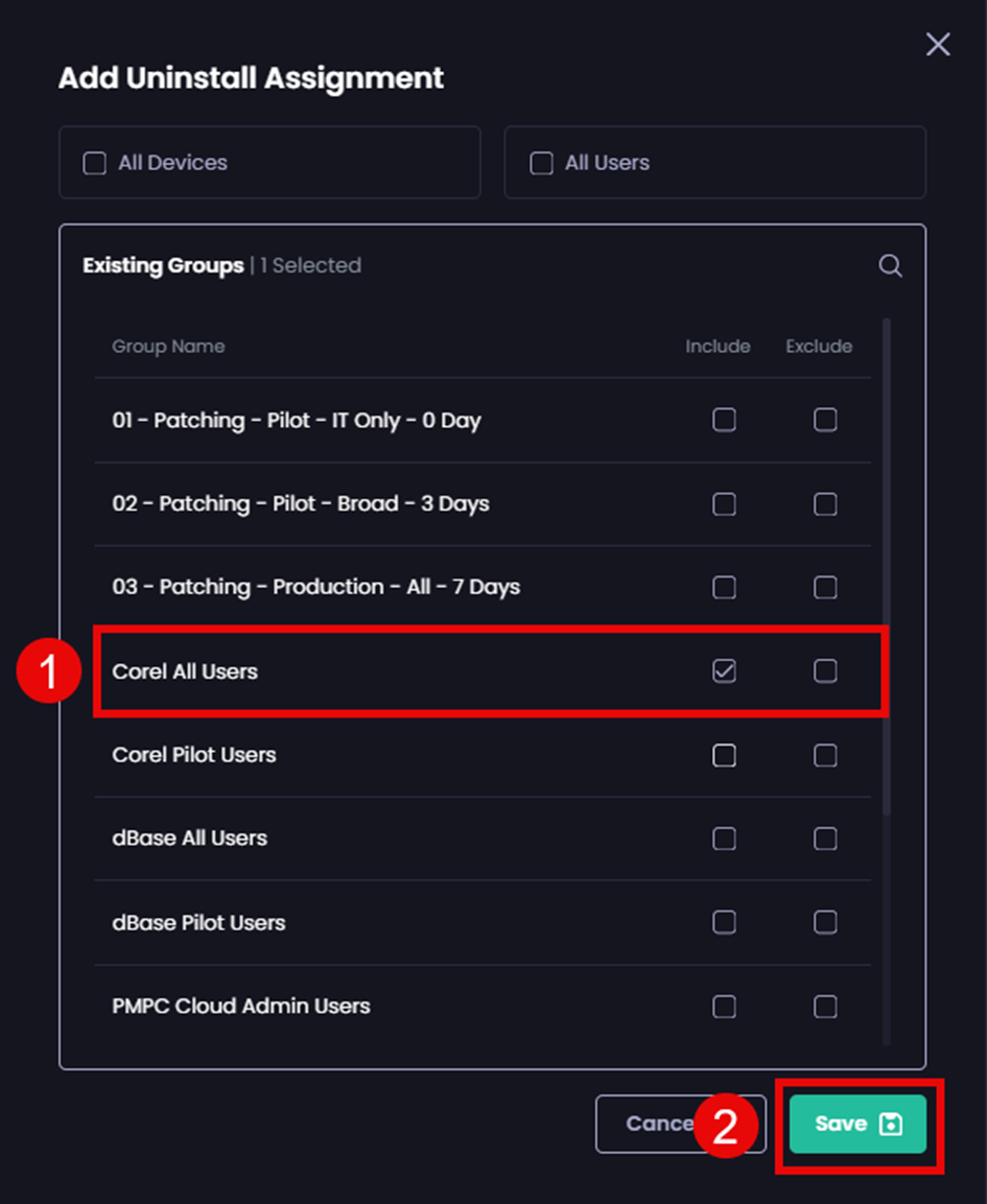 Select the relevant resources this uninstall should be targeted at and clicking “Save”