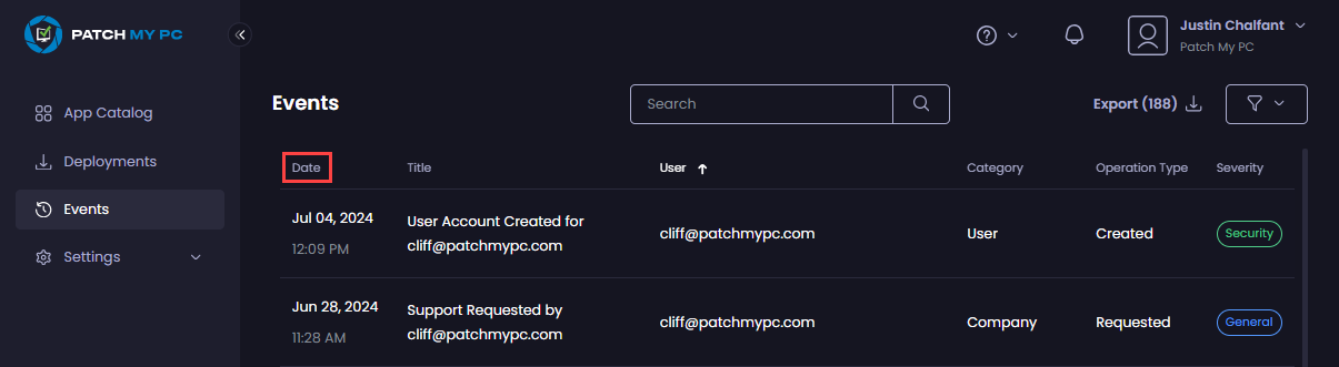 Clicking the relevant column heading to sort the entries by this column.