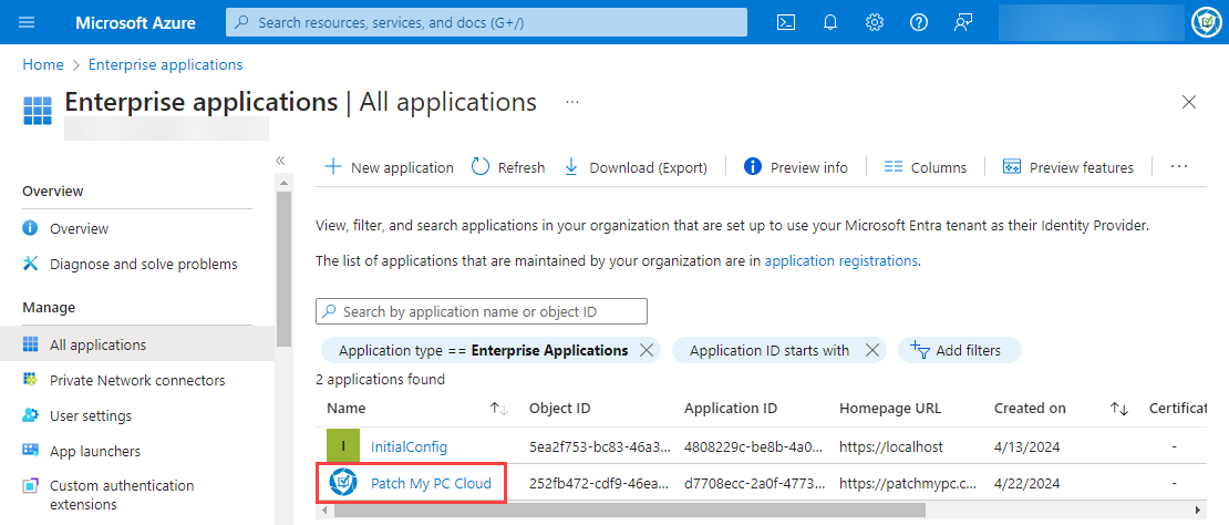Azure Portal showing the Patch My PC Cloud is present