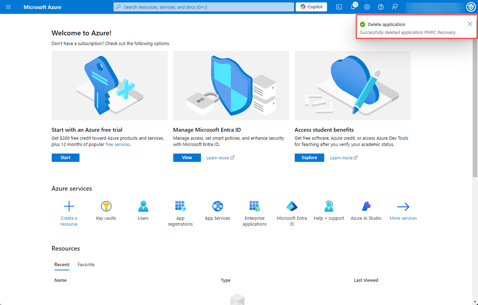 “App registrations” page refreshes and the “Delete application - Successfully deleted application PMPC Recovery” notification is shown.