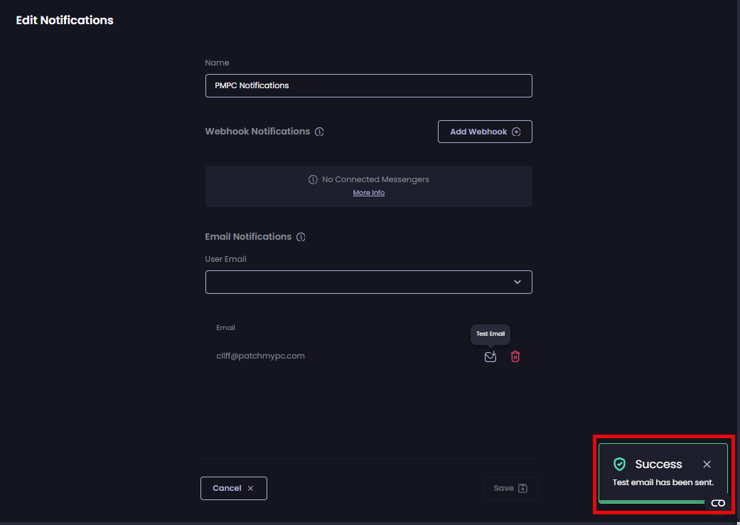 'Success - Test email has been sent' notification