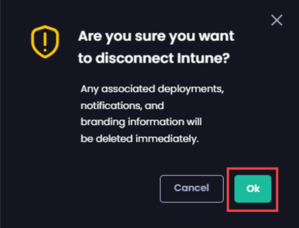 Clicking 'OK' on the 'Are you sure you want to disconnect Intune' popup