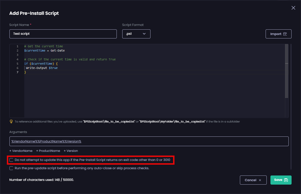 Checking the 'Don’t attempt software update if the pre script returns an exit code other than 0 or 3010' checkbox