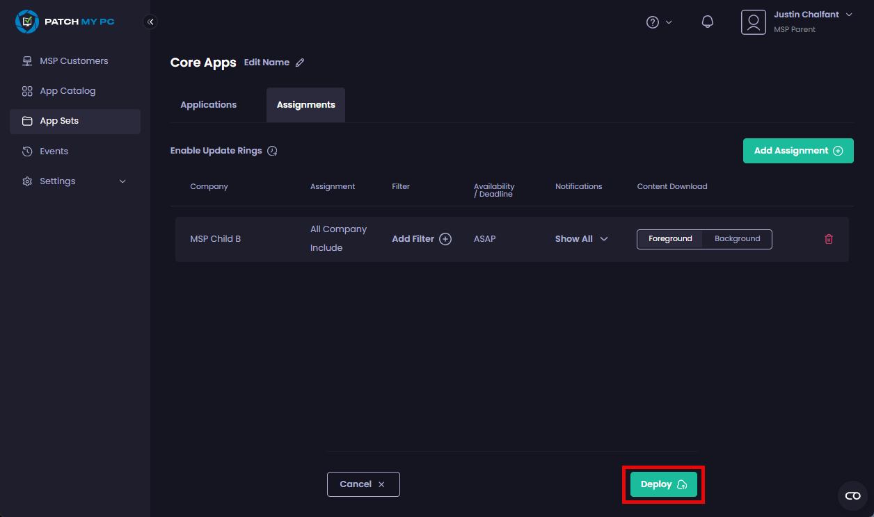 Clicking “Deploy” to deploy this App Set