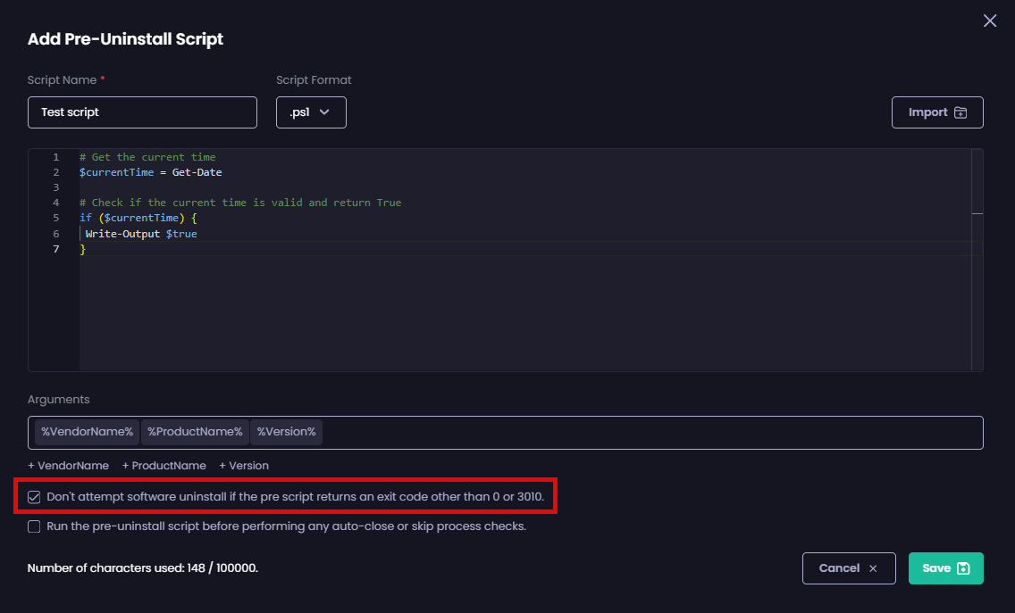 Checking the “Don’t attempt software uninstall if the pre script returns an exit code other than 0 or 3010” checkbox