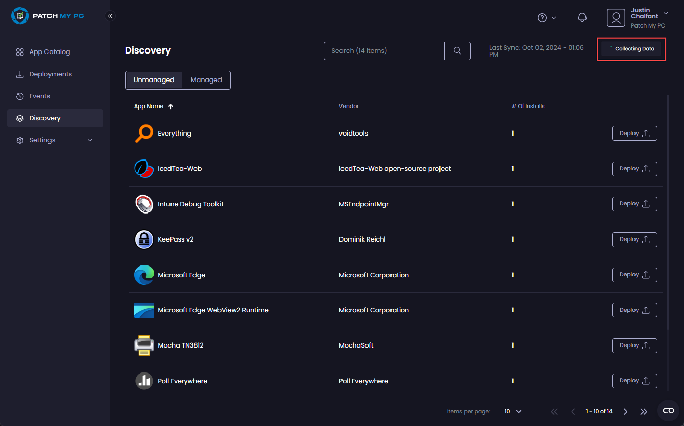 “Refresh Data” button changed to “Collecting Data” whilst discovery runs