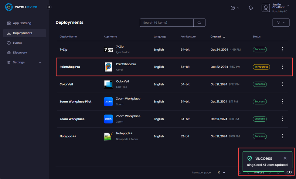 Deployment shows as “In Progress” and the “Success – Ring <ring_name> updated” notification is shown.
