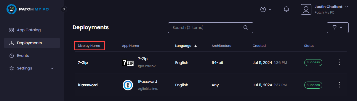 Sorting deployments by clicking the relevant column heading.