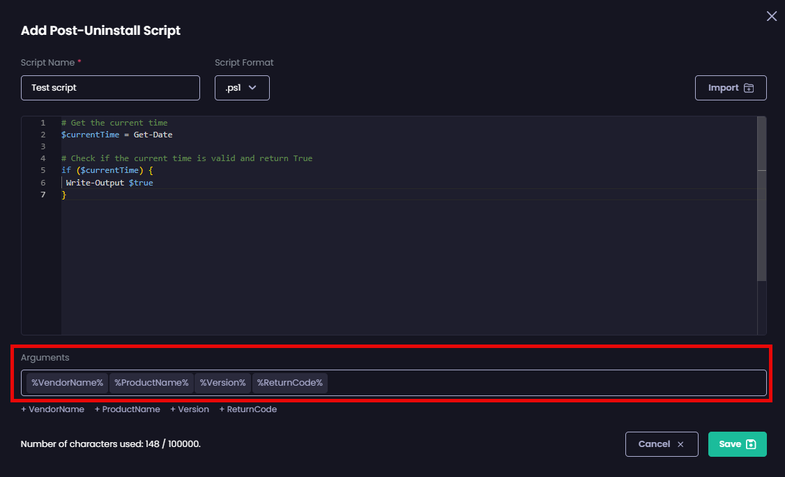 Entering any arguments you want to provide to the script by specifying them in the “Arguments” field