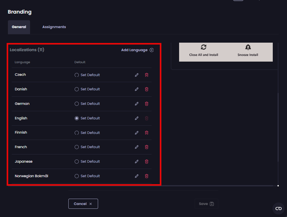 ‘Localizations’ section
