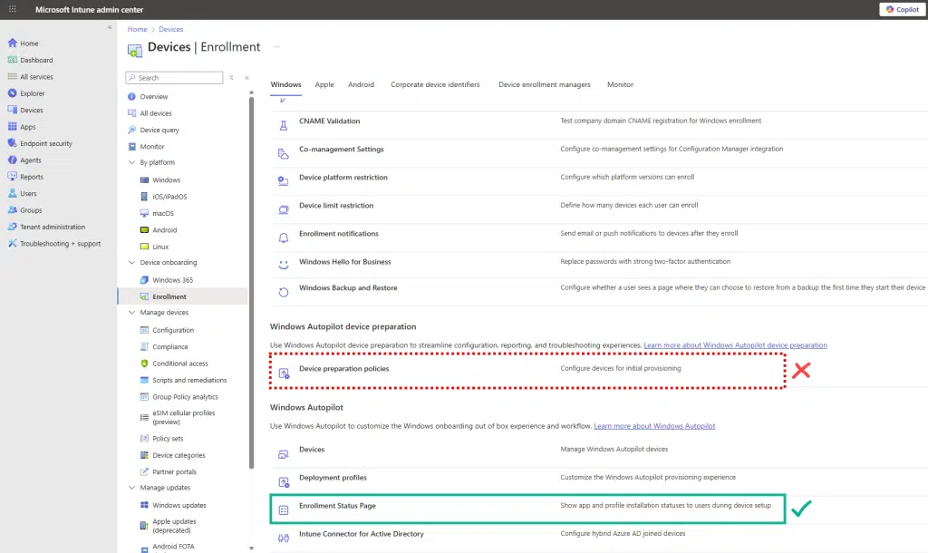 Classic Enrollment Status Page versus Autopilot device preparation policies