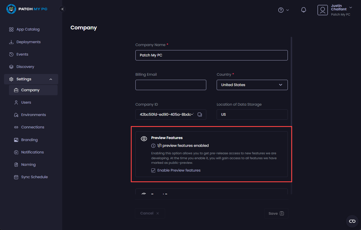 Checking the “Enable Preview features” checkbox.