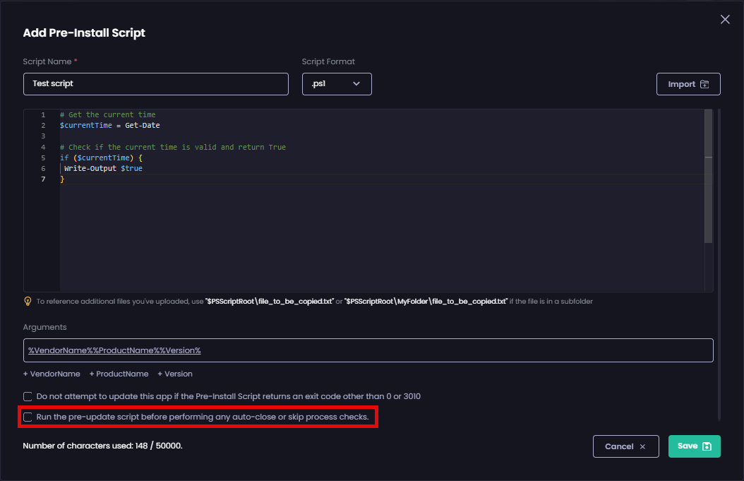Checking the 'Run the pre-update script before performing any auto-close or skip process checks' checkbox