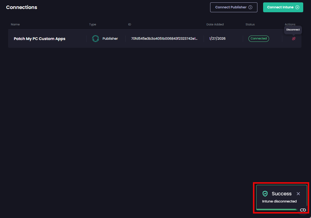 'Success - Intune' disconnected notification