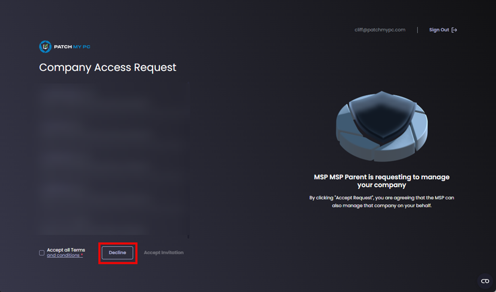 Clicking ‘Decline’ on the ‘Company Access Request’ screen to decline an invitation