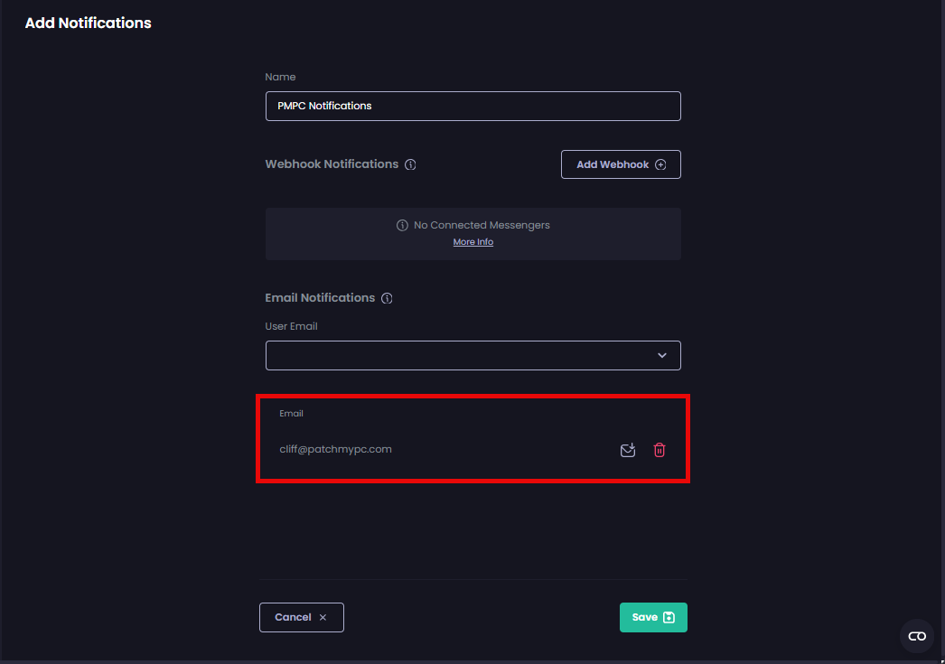 User's email address is added to the email list that will receive the notification