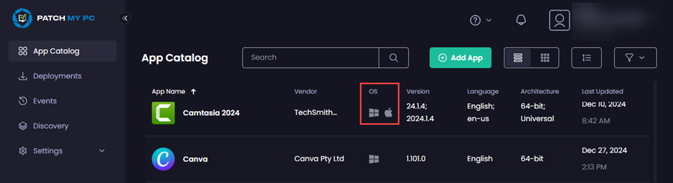New “OS” column shows which operating systems each app can be deployed to