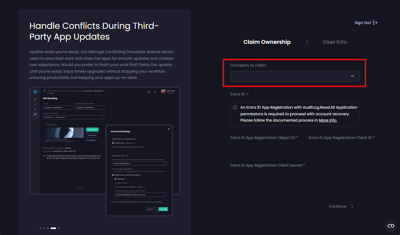 'Company to Claim' dropdown