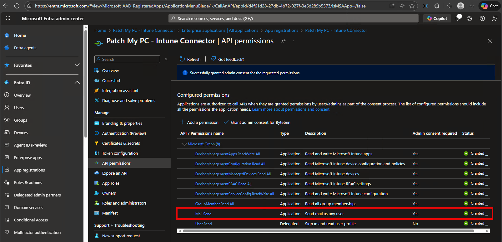 Confirm the Mail.Send permissions has been added and granted