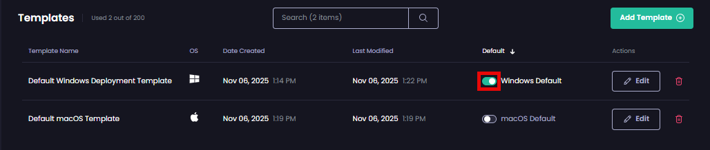 Clicking the slider under the 'Default' column beside the template currently configured as the default.