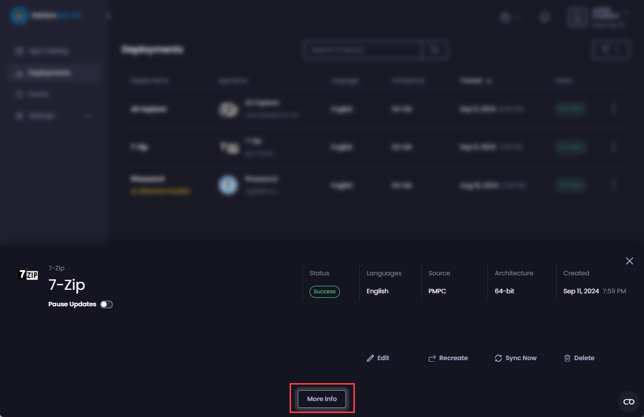 Click “More Info” to see more information about the deployment