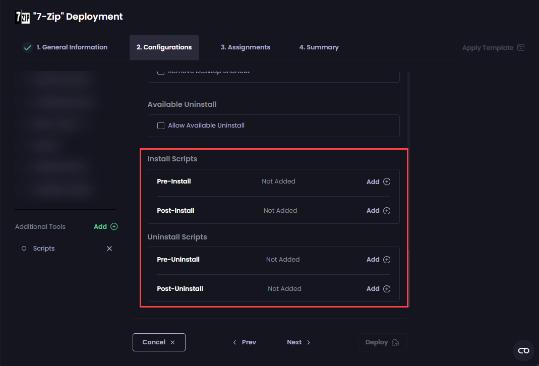 'Scripts' tool settings