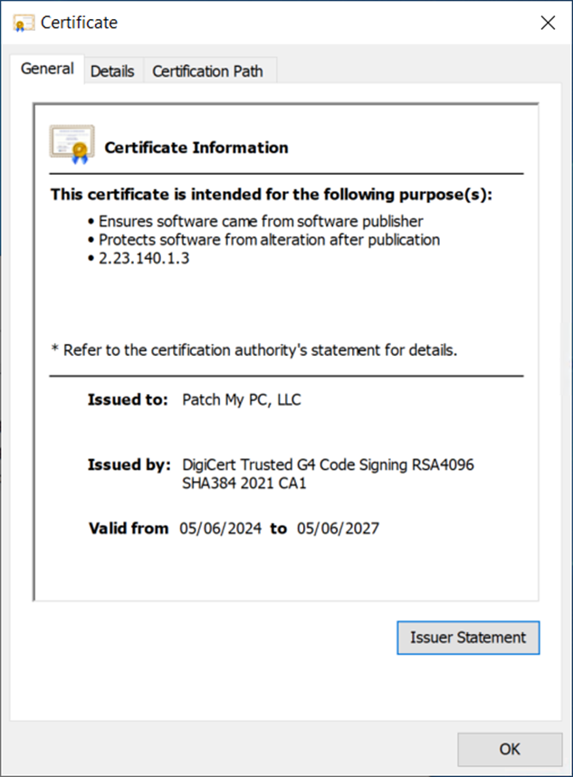 Properties of the certificate