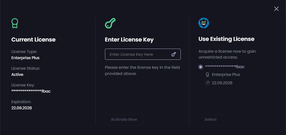 'License Screen' showing providing details of your current license