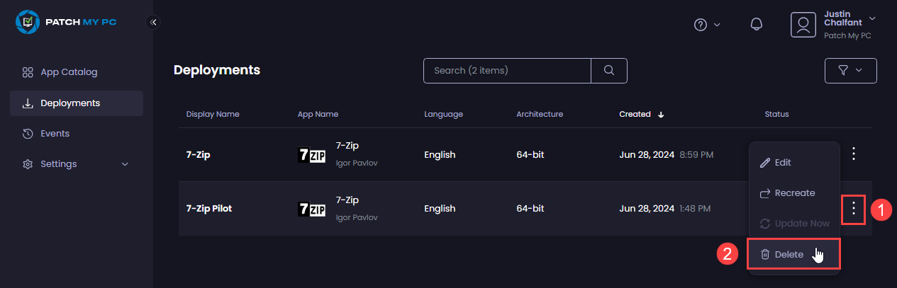 Clicking the ellipsis beside a deployment and selecting “Delete”